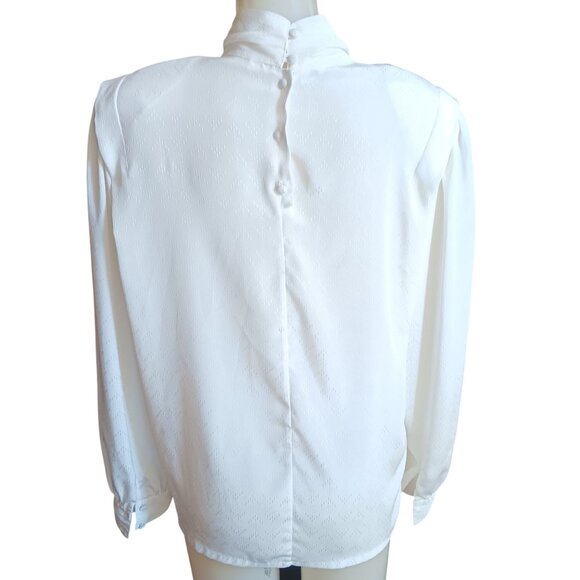 Medium 10 True Vintage Blouse White Ruffled High Neck Button Back Mom Secretary - Picture 6 of 7